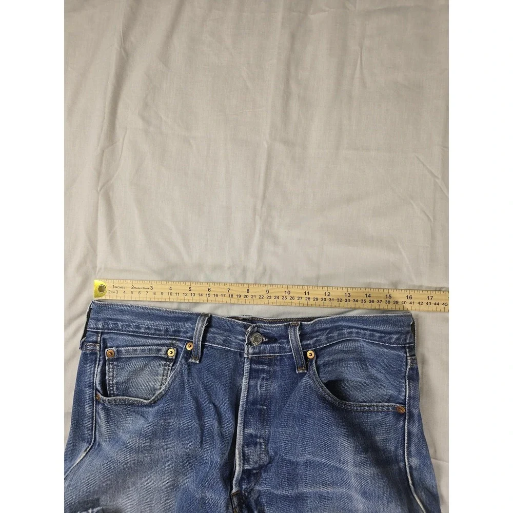 Levis 501 Jeans Mens 34x33 Blue WaterLess Regular Straight Button Fly Distressed
